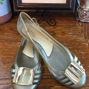 Salvatore Ferragamo Gold Buckle Jelly Flats Gold Glitter Size 8